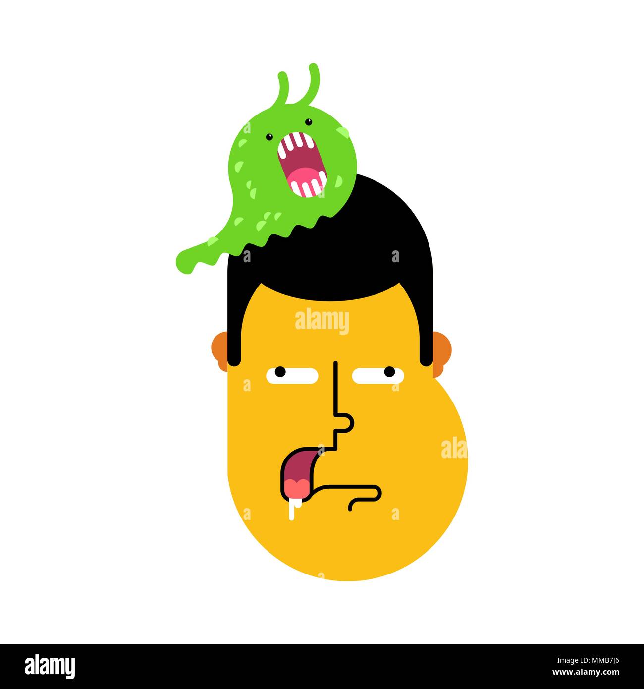 Stupid face. Slug on head was eating brains. Silly head. sheepish guy. Vector illustration Stock Vector