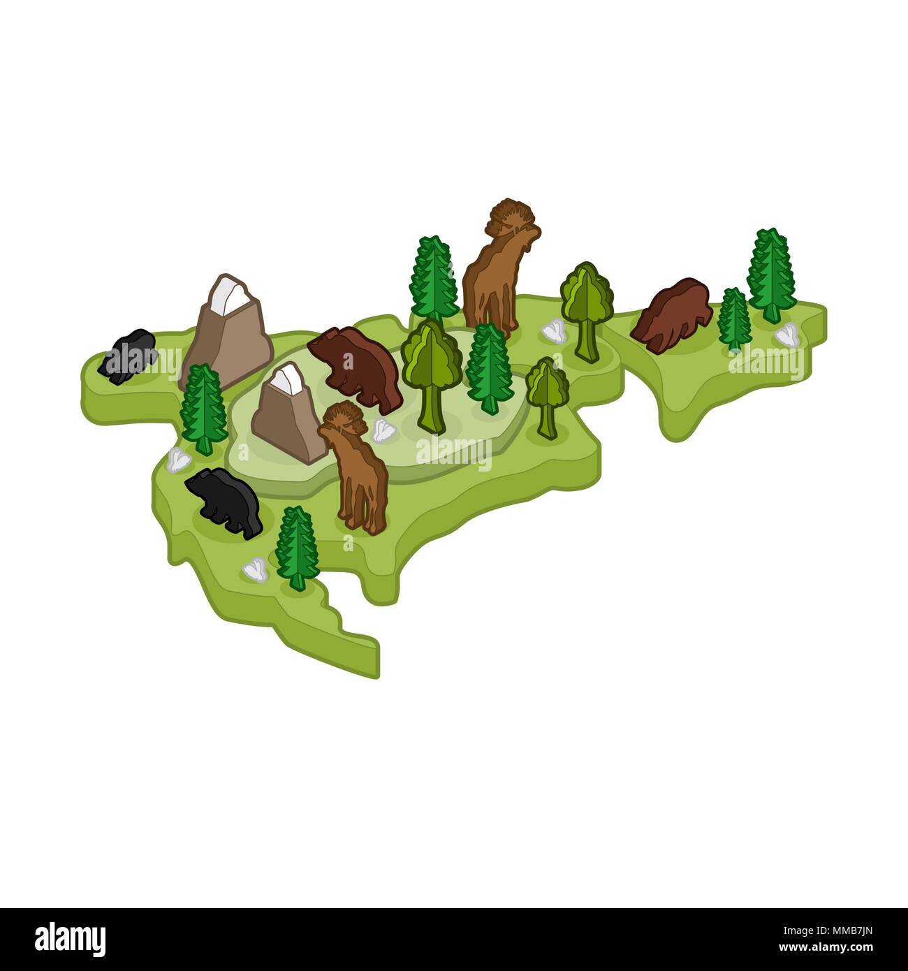 North America map animal Isometric style. flora and fauna. Vector illustration Stock Vector