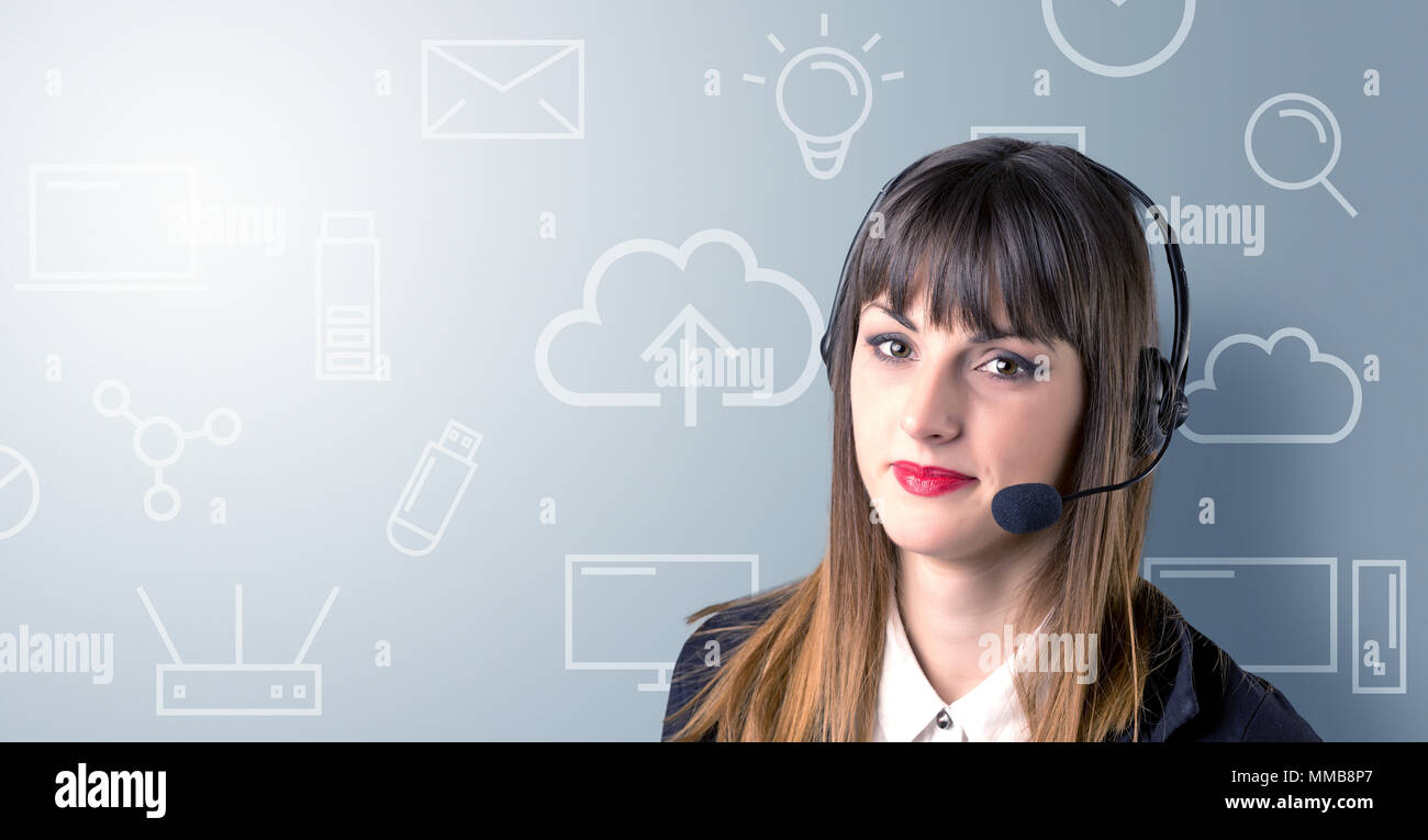 Young female telemarketer with white mixed media icons around her Stock ...