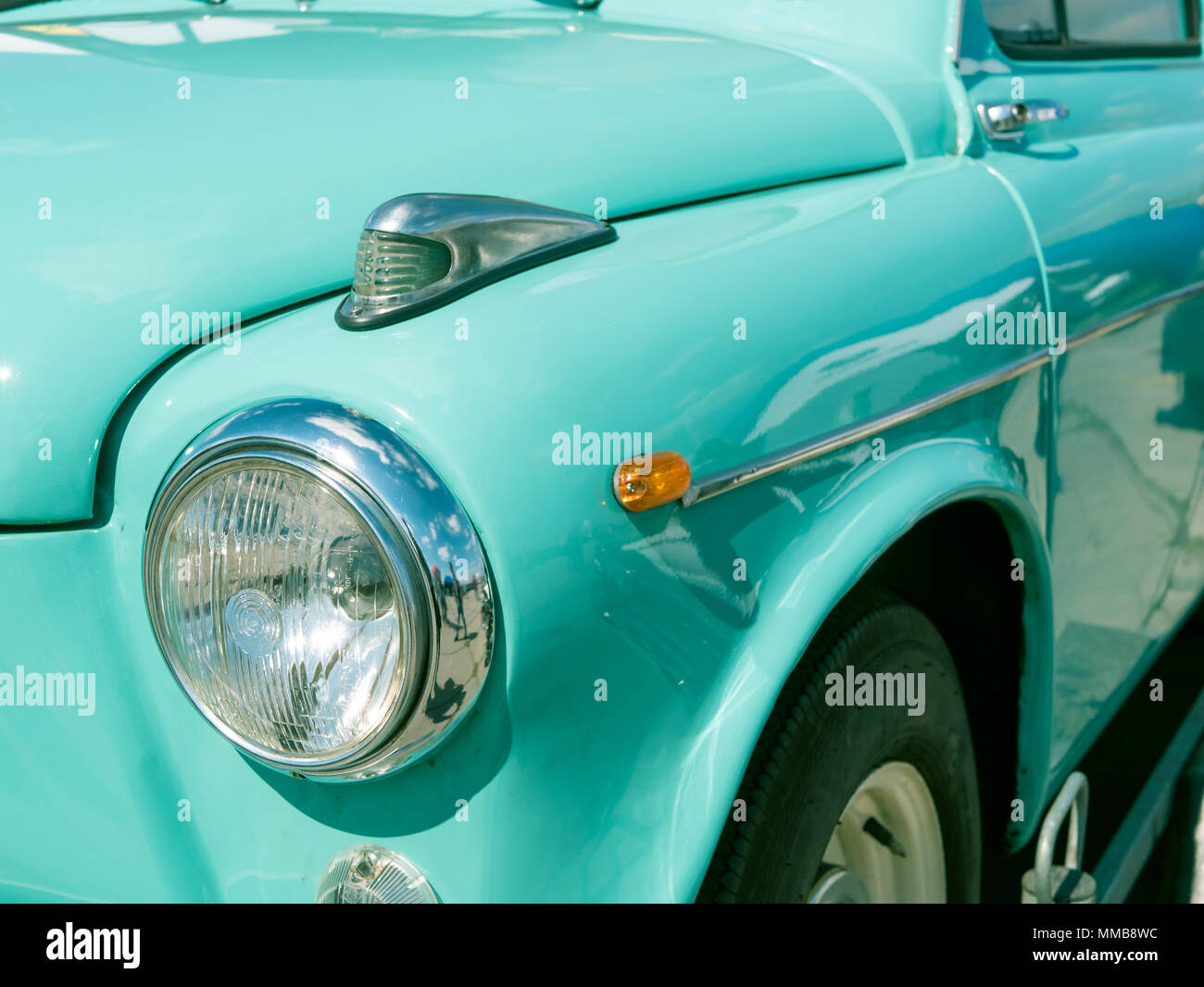 Closeup Front Part Of Old Vintage Soviet Russia White Car In Turquoise Color Stock Photo Alamy