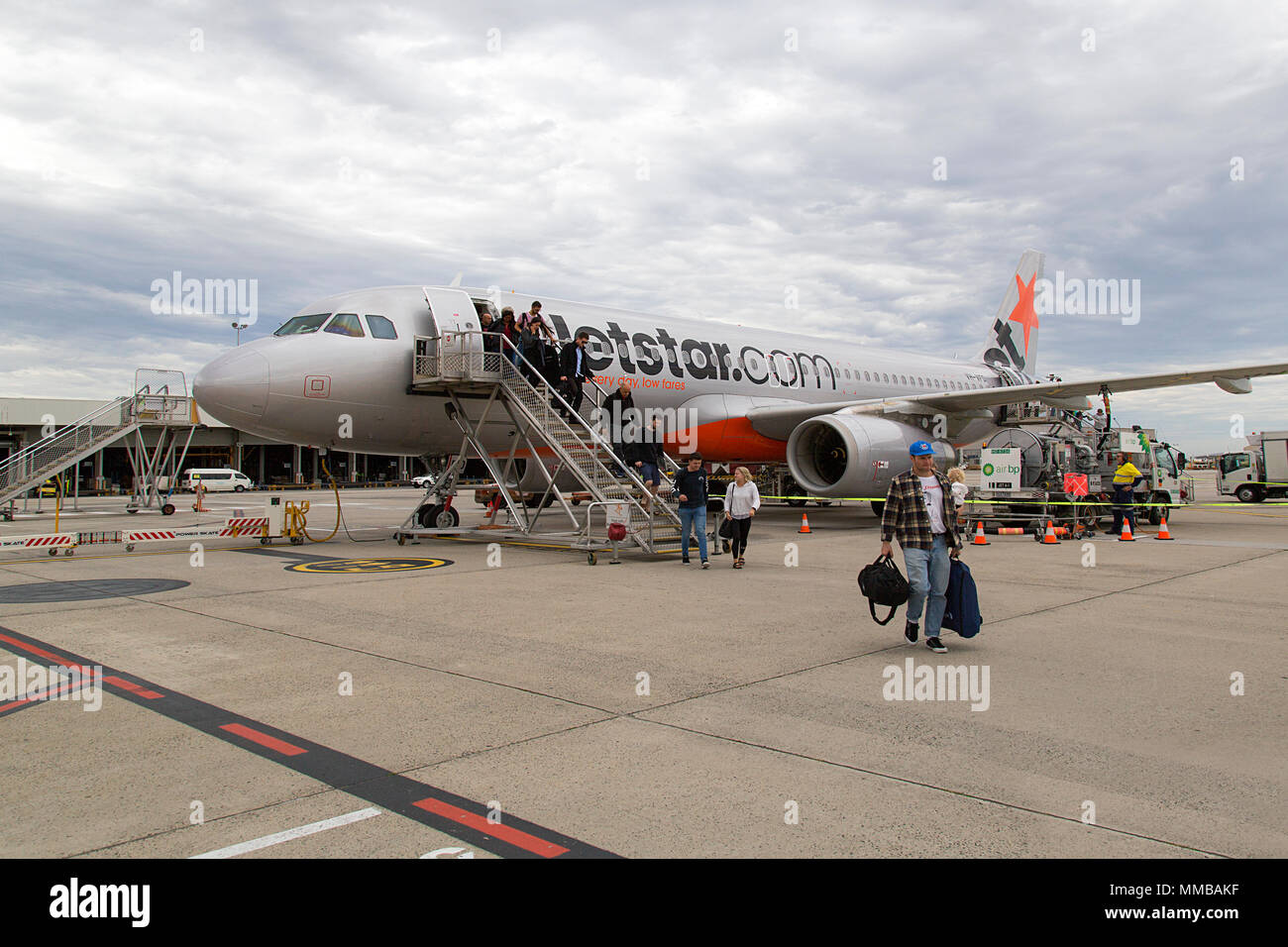 Melbourne, Australia April 01, 2018 Passengers disembark a Jetstar