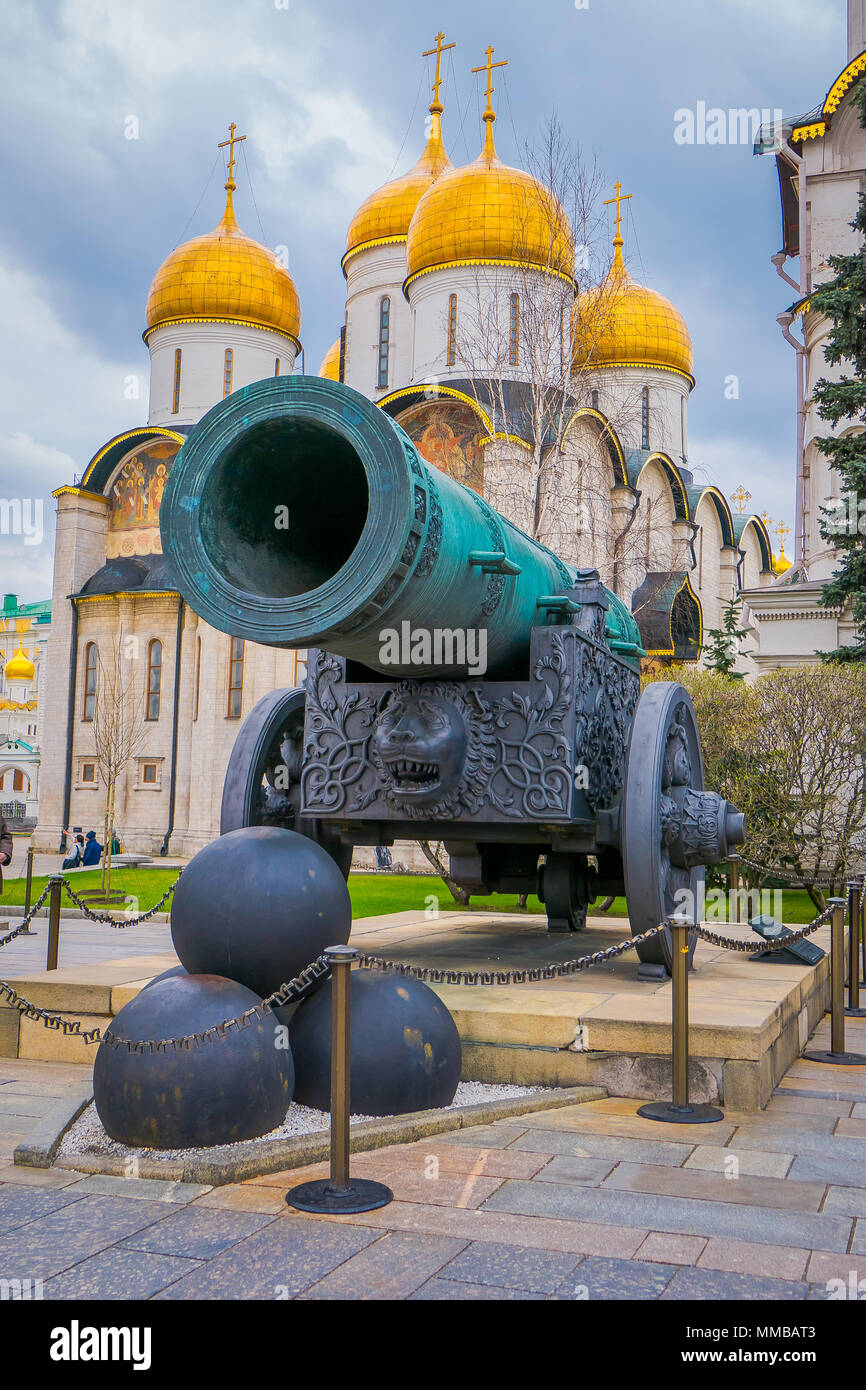 MOSCOW, RUSSIA- APRIL, 29, 2018: Amazing view of old military ancient cannons. Collection incorporates old Russian and foreign cannons of XVI-XIX centuries shown in the Moscow Kremlin Stock Photo