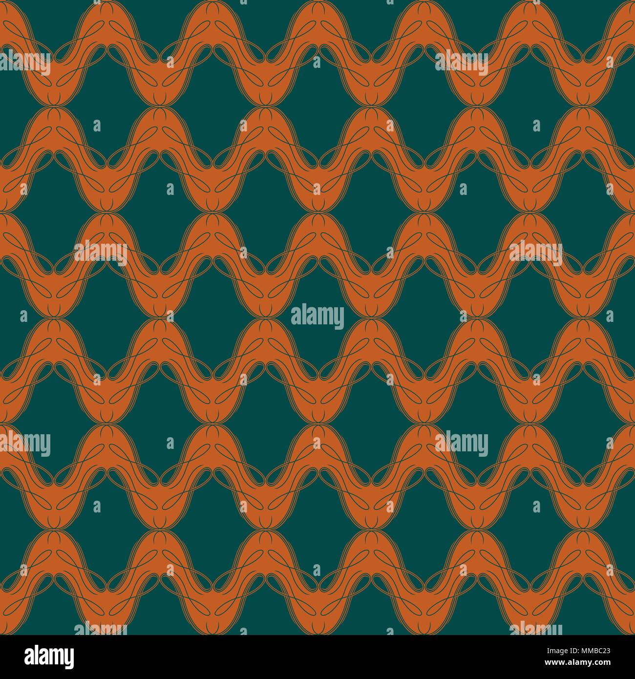Antique dark turquoise pattern with interwoven lines on an unsaturated orange background, seamless vector as a fabric texture Stock Vector