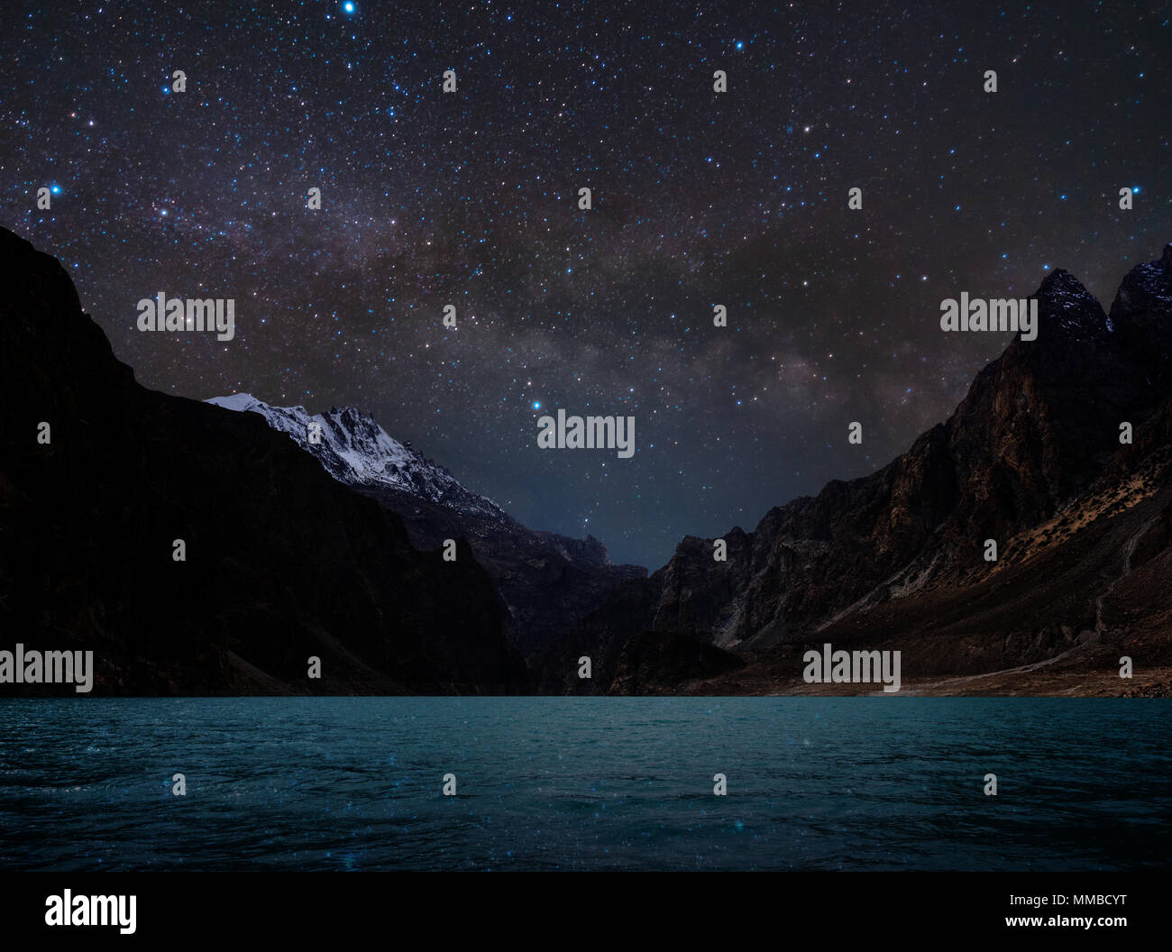 Night Landscape, Silhouette mountain with water on lake and sky full of star with milky way Stock Photo