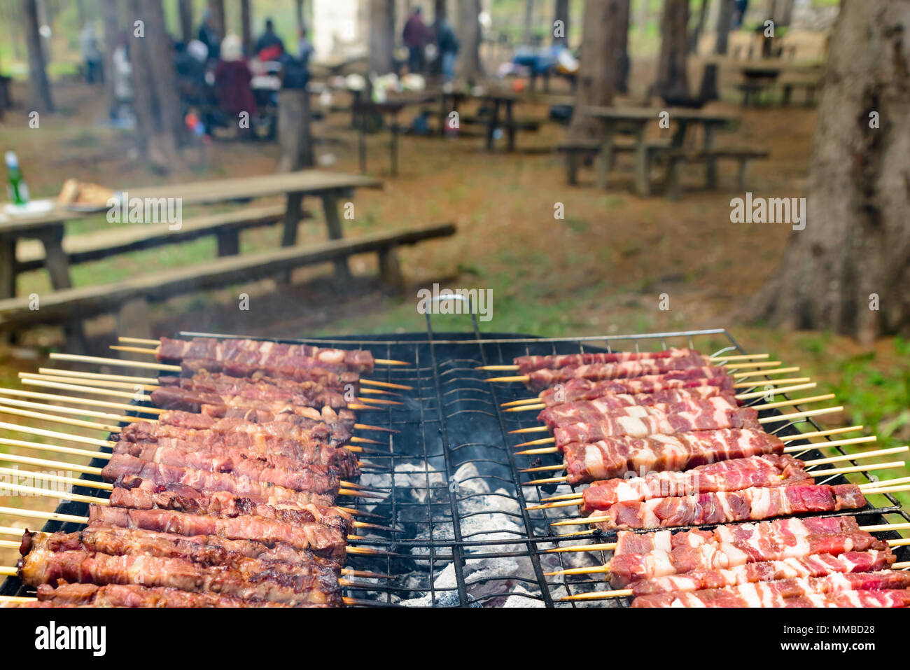 Beautiful grilled skewers of sheep cooking on the barbecue Stock Photo