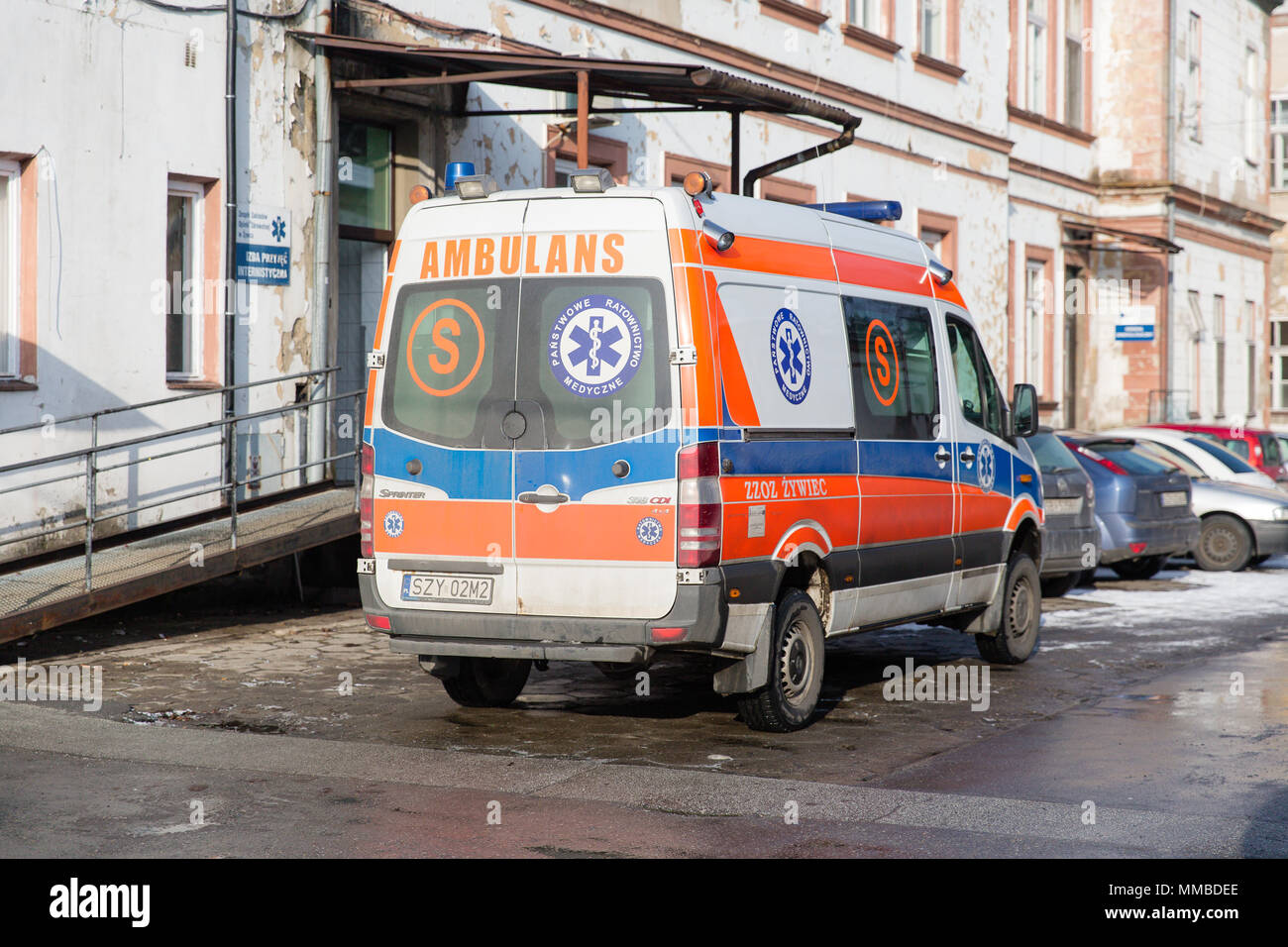 Parked ambulance at the County Hospital in Zywiec, Poland. Medical rescue vehicle. Hospital emergency transport. Stock Photo