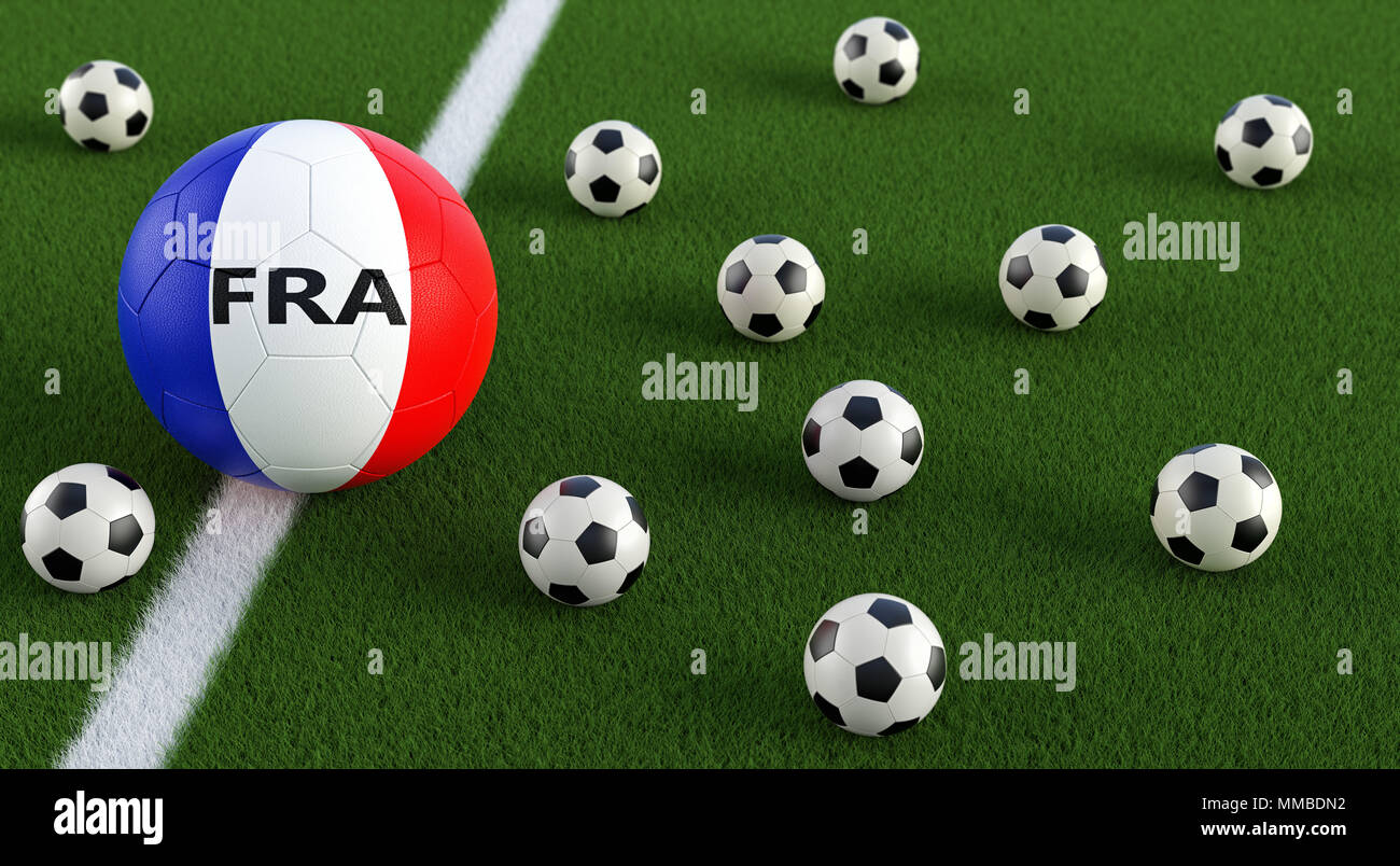 Soccer ball in french national colors on a soccer field. 3D Rendering