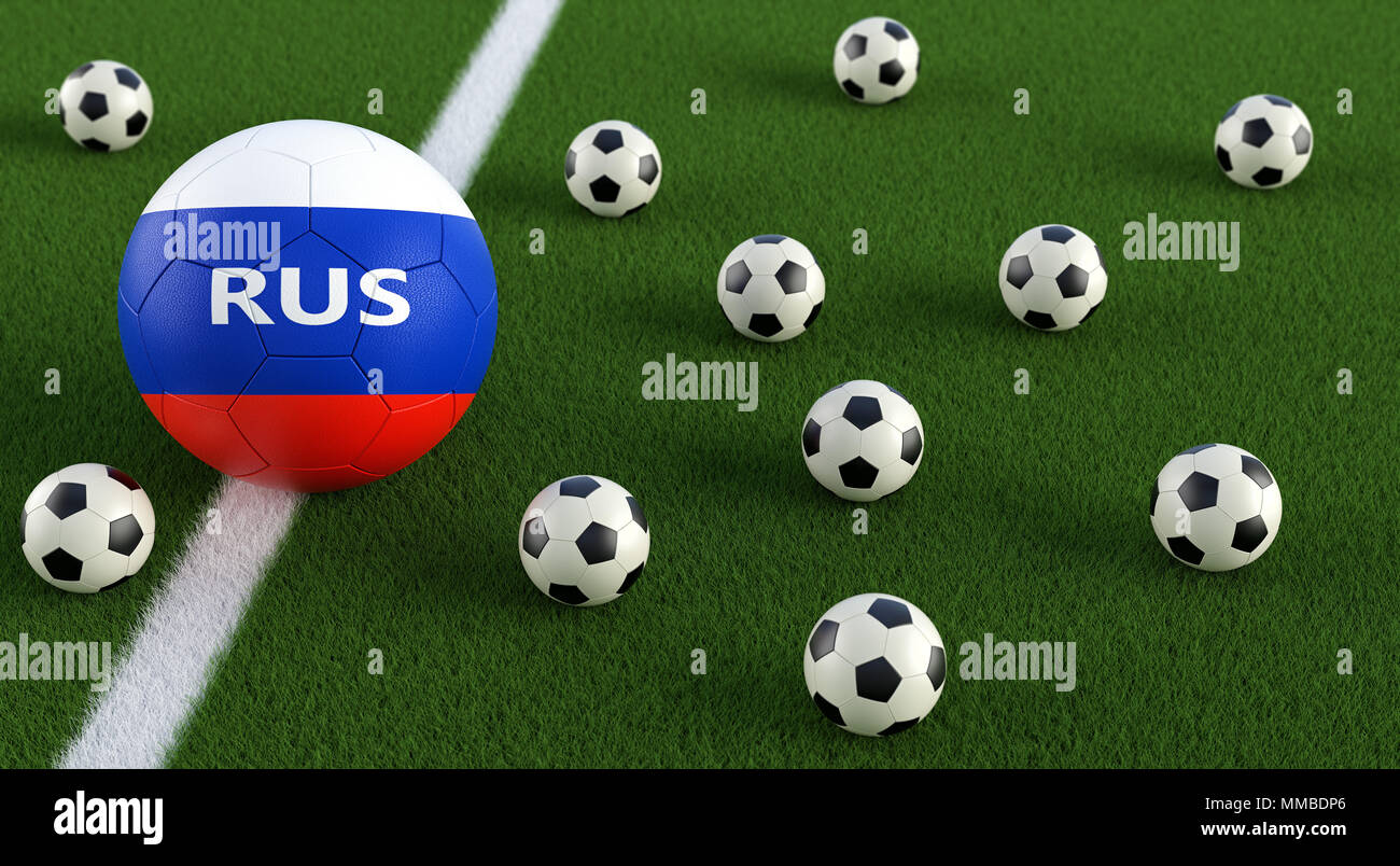 Soccer ball in russian national colors on a soccer field. 3D Rendering