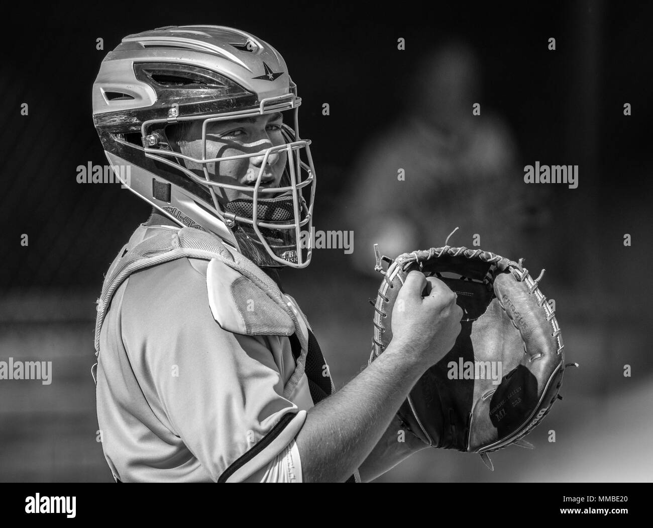 Baseball action with Shasta vs. Red Bluff High School in Red Bluff, California. Stock Photo