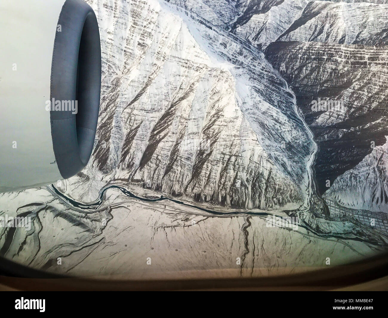 Aerial view of Ladakh snow covered mountains, Jammu and Kashmir, India, Asia. Stock Photo