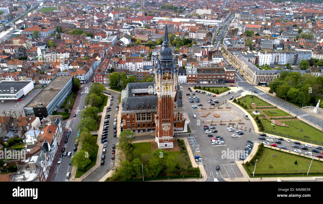 Aerial photo of Calais city hall belfry, France Stock Photo
