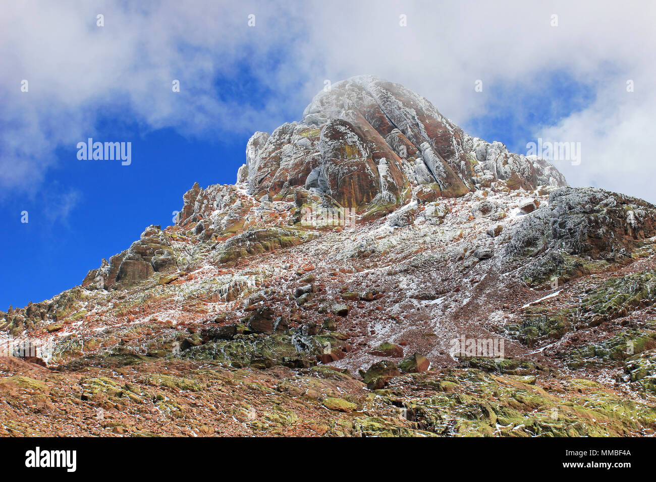 Snowcapped Paglia Orba Peak, 2525 masl, in the Golo Valley, Central Corsica, France, Europe Stock Photo