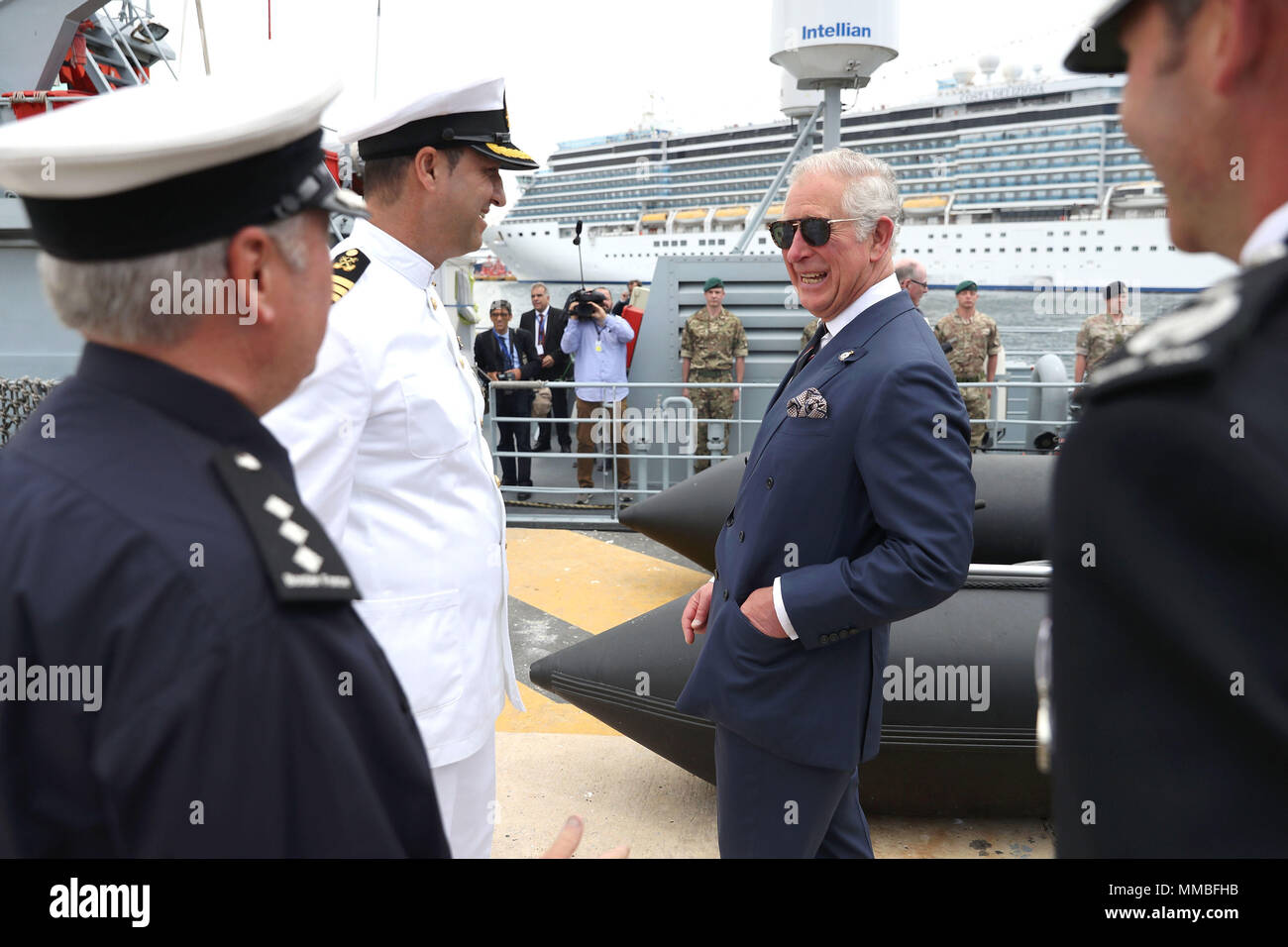 The Prince of Wales tours HMC Valiant during a visit to the Piraeus Maritime Training Centre, in Piraeus, Greece, as part of his visit to the country. Stock Photo