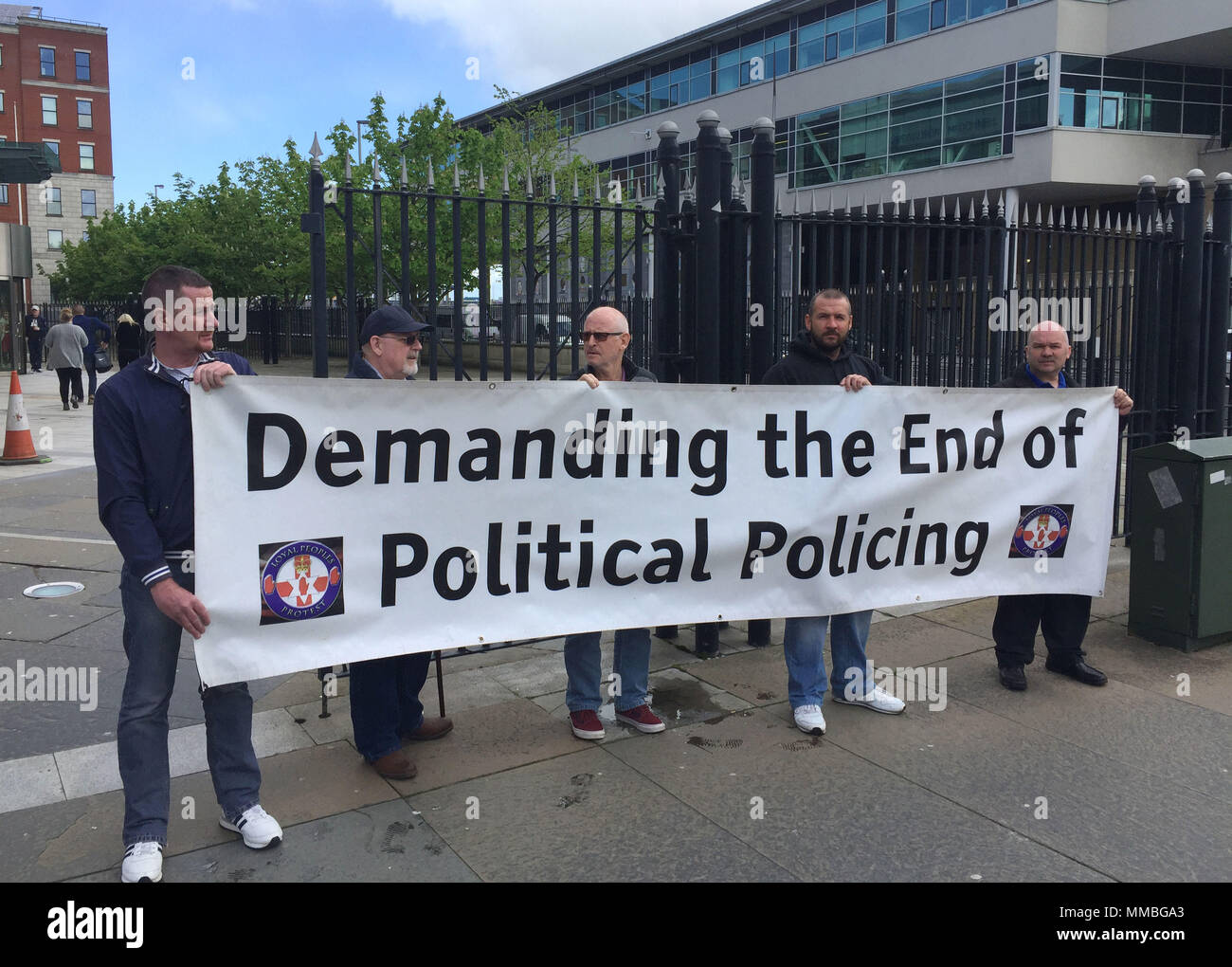 Supporters of Dennis Hutchings outside Belfast Crown Court as a bid to halt the prosecution of a former British solider charged in connection with the fatal shooting of an unarmed man with learning difficulties in Northern Ireland has been rejected. Stock Photo