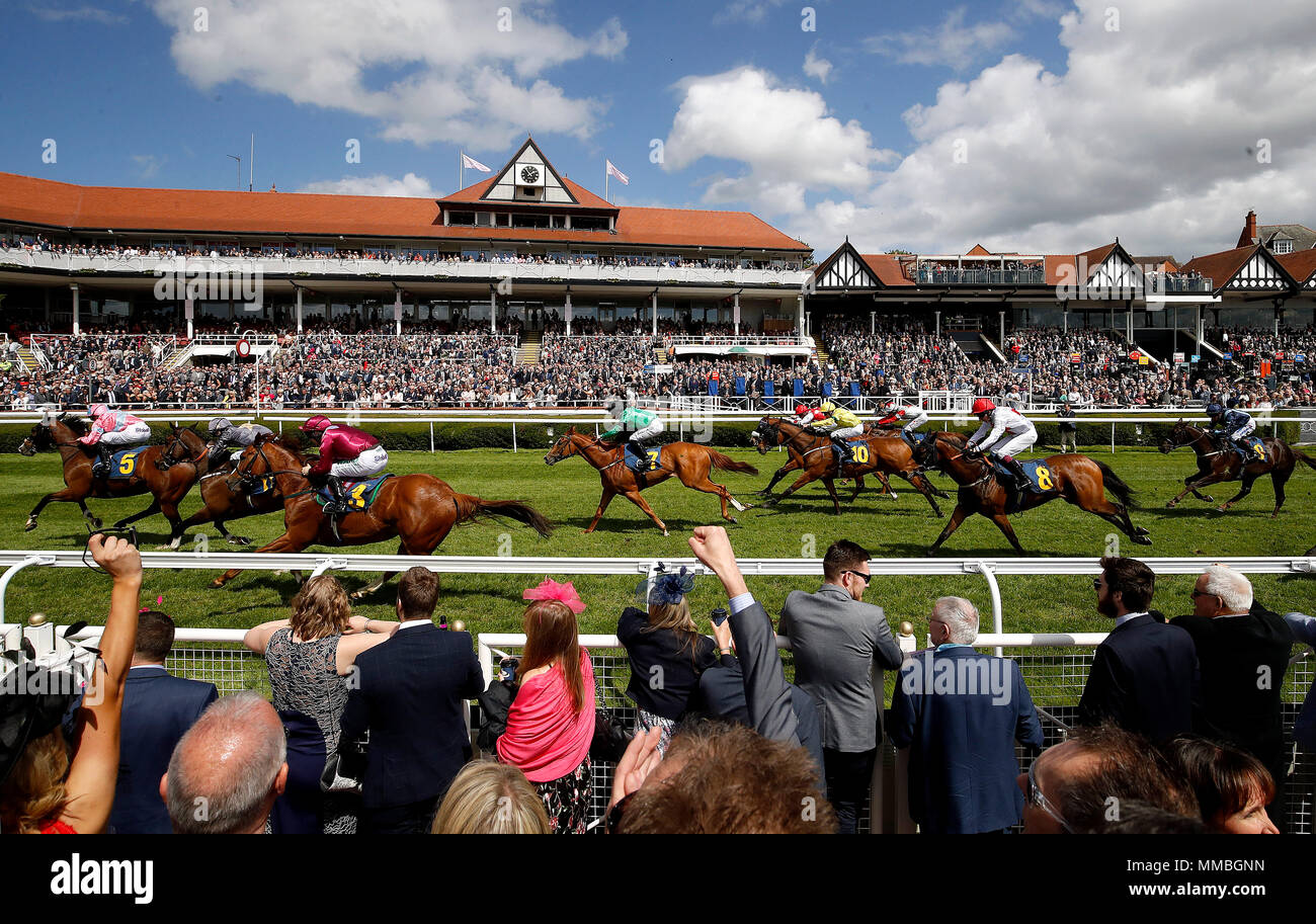 Amomentofmadness ridden by William Buick wins The Gateley PLC Handicap Stakes, during Ladies Day of the 2018 Boodles May Festival at Chester Racecourse. Stock Photo