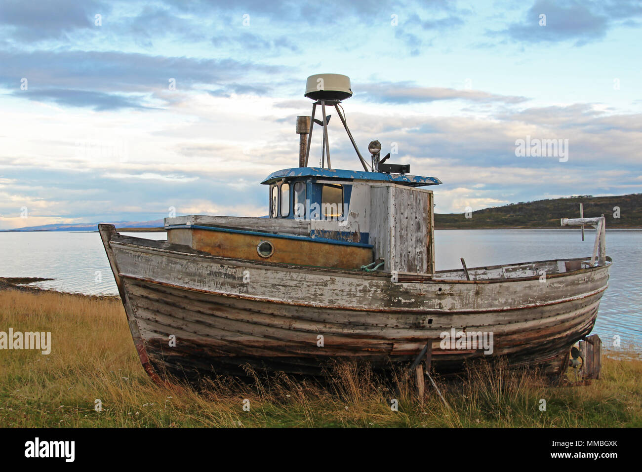 Old fishing boat, fjord of Varanger, Norway, Europe Stock Photo
