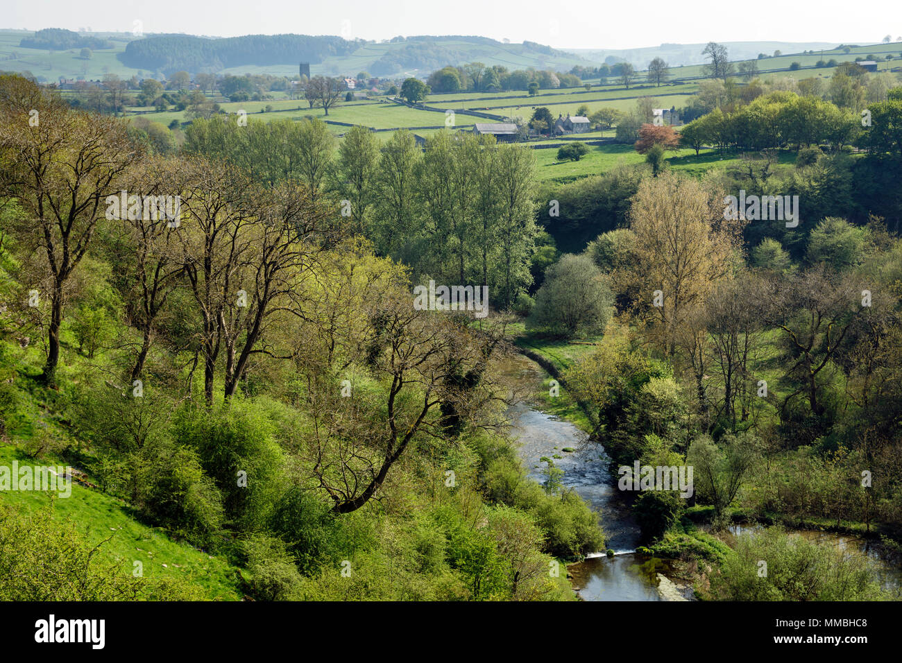 Lathkill Dale in spring - view from Over Haddon towards Youlgrave, Peak District National Park, Derbyshire Stock Photo