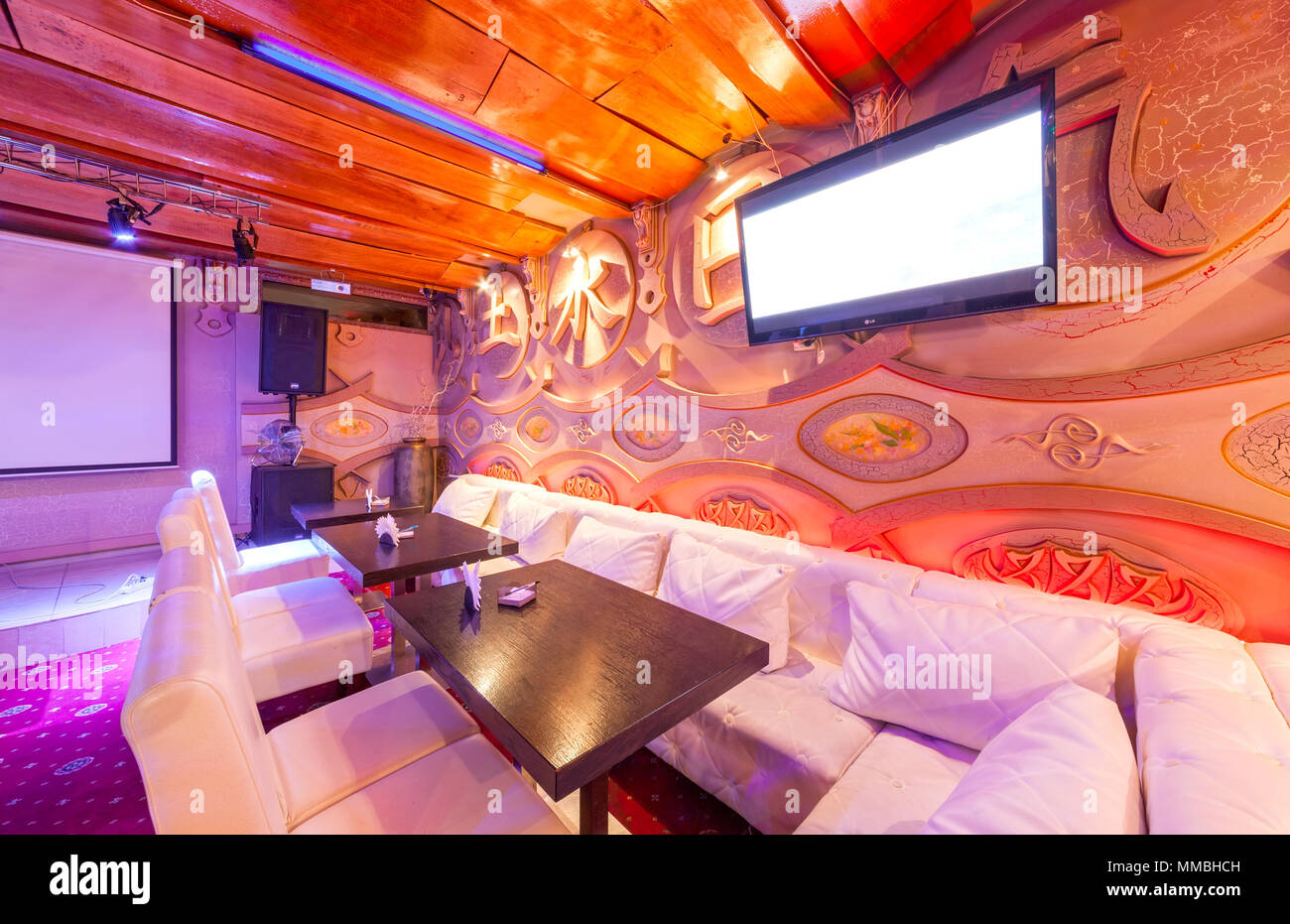 MOSCOW AUGUST 2014 Deluxe interior karaoke bar "VINYL". Room decorated in an Asian style