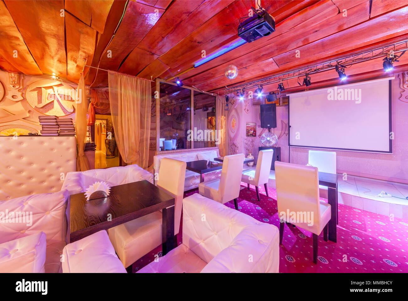 MOSCOW AUGUST 2014 Deluxe interior karaoke bar "VINYL". Room decorated in an Asian style