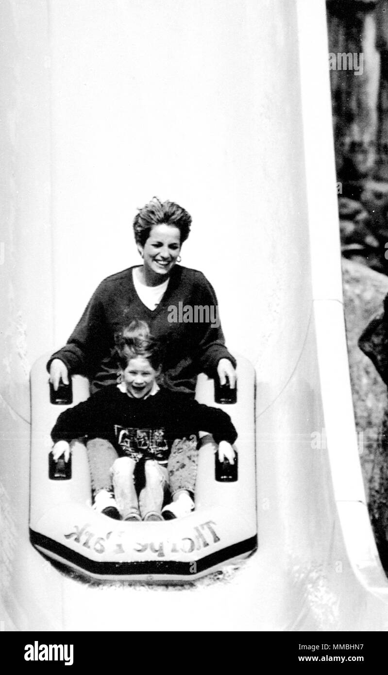 Diana, Princess of Wales and her youngest son, Prince Harry, on the 'Death Charge' ride at Thorpe Park. *UK Provs Only. *Pic Desk Only Stock Photo