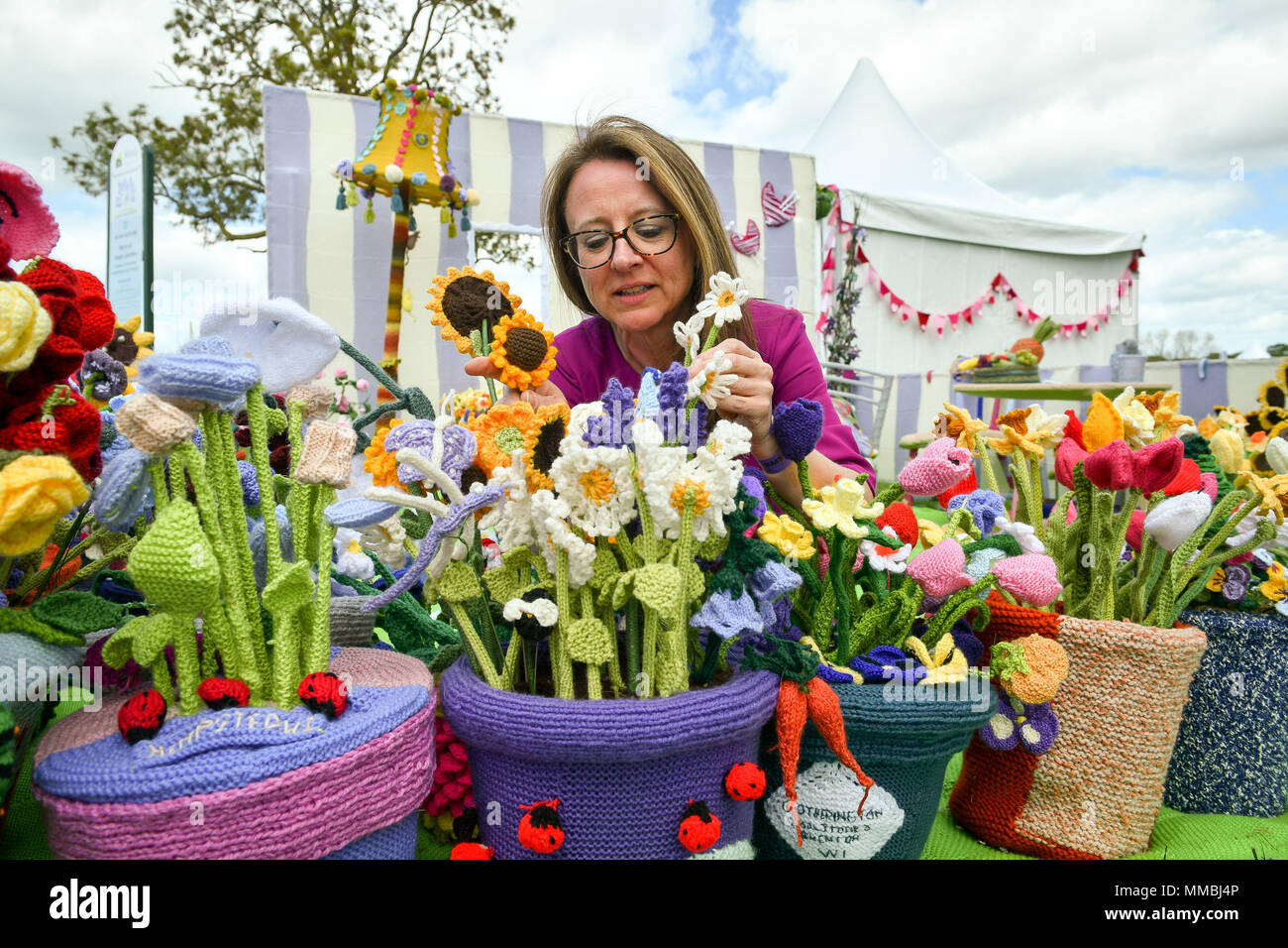 Clare Young arranges a pot of various knitted flowers in the 'Work of Heart Garden', the world's first knitted garden, during the RHS Malvern Spring Festival at the Three Counties Showground in Malvern, Worcestershire, created by Clare Young as a tribute to her husband Ken and the hospice that cared for him. Stock Photo