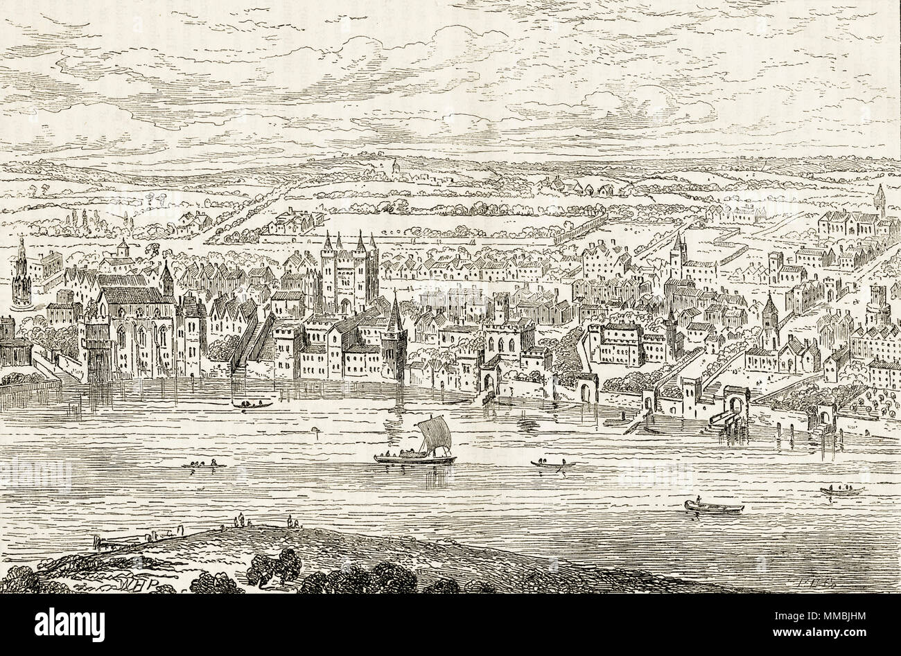 Cityscape of London from Temple Bar to Charing Cross in 1543 from Anton Van der Wyngarde's view. 19th century Victorian engraving circa 1878 Stock Photo