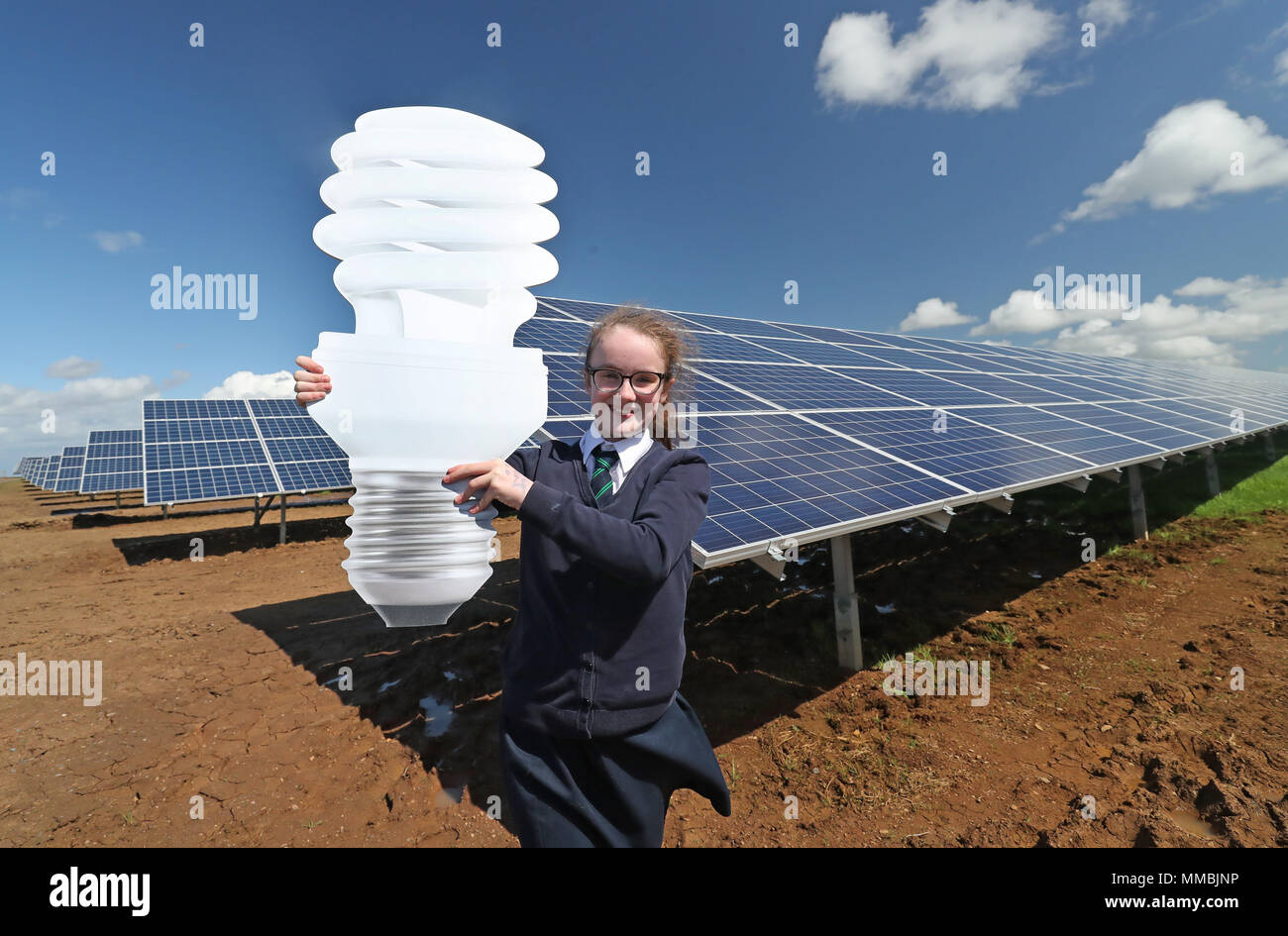 Laura Daly, aged 11, from St Josephes Primary School in Crumlin at the opening of the new &pound;7 million solar farm at Dunore, which will supply electricity to NI Water&Otilde;s Dunore Water Treatment works in South Antrim. Stock Photo