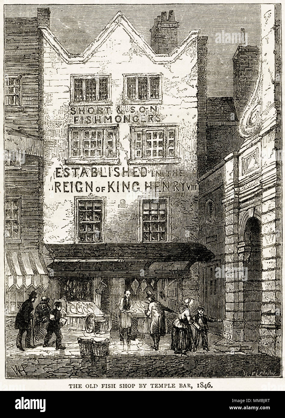 Short & Son Fishmongers next to Temple Bar, London, England, UK in 1846. 19th century Victorian engraving circa 1878 Stock Photo