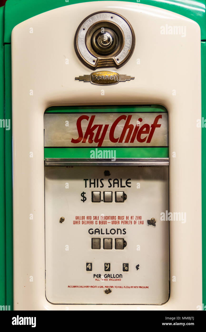 Detail of a panel of an old and vintage Sky Chief gas pump along the Route 66 in Williams, Arizona. Stock Photo