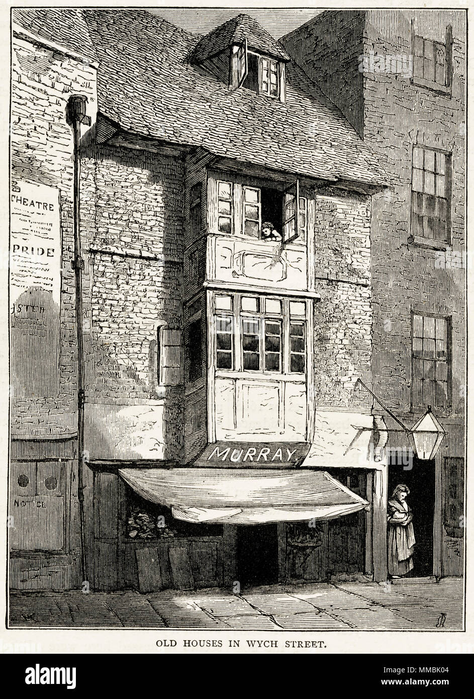 Old houses & shop Wych Street, London, England, UK. 19th century Victorian engraving circa 1878 Stock Photo