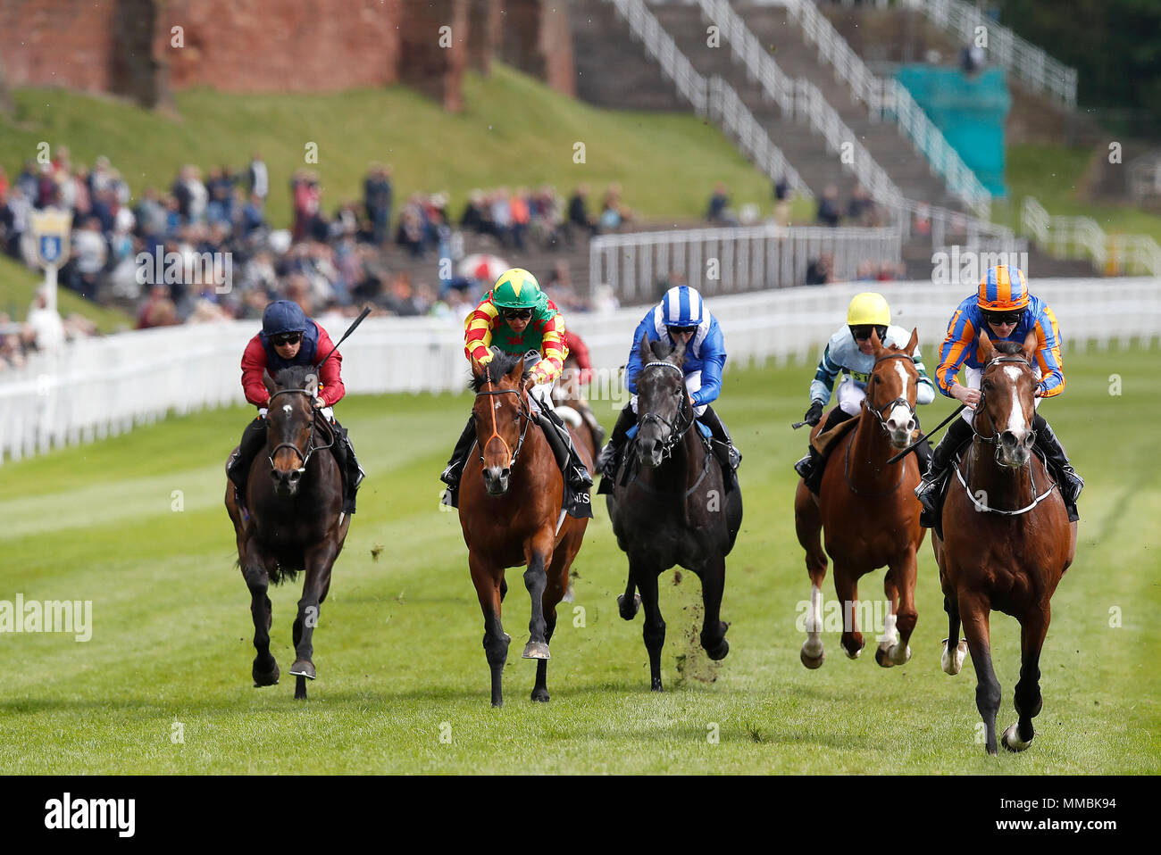 Idaho (right) riden by Ryan Moore on its way to winning The Boodles Diamond Ormonde Stakes, during Ladies Day of the 2018 Boodles May Festival at Chester Racecourse. Stock Photo