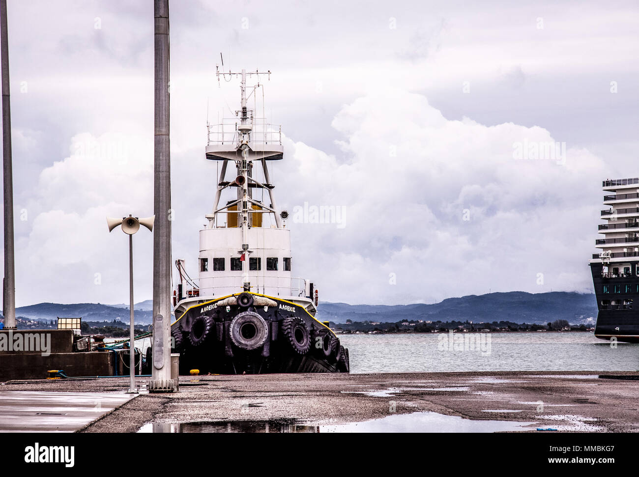Pilot Ship Anchored in the Port of Spain Barcelona Stock Photo