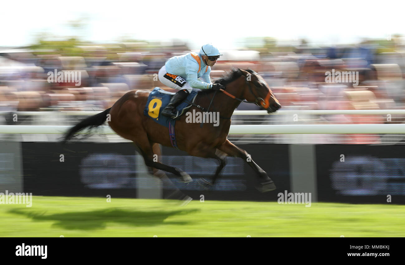 Wedding Date ridden by Sylvester De Sousa wins The British Stallion Studs E.B.F. Maiden Stakes, during Ladies Day of the 2018 Boodles May Festival at Chester Racecourse. Stock Photo