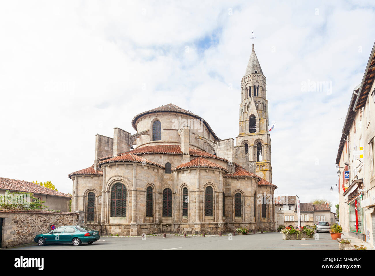 The Romanesque collegiale church in Saint-Leonard-de-Noblat, Haute-Vienne, Nouvelle-Aquitaine, France on the Voie Lemovicensis Santiago de Compostela  Stock Photo