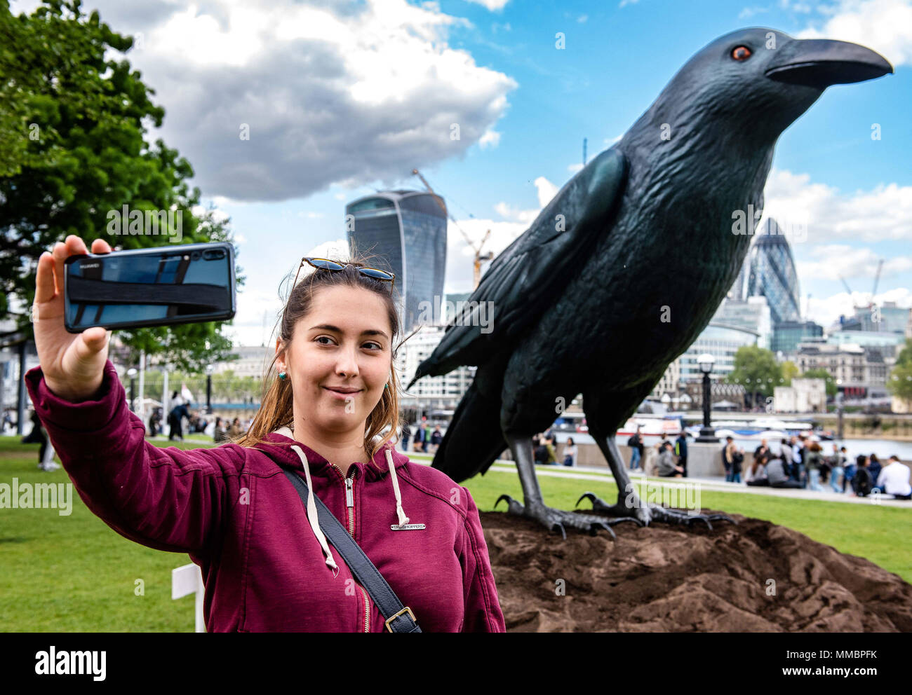 Ella Martin takes a selfie with a 2.5 metre replica of Britain's most elusive bird, the raven, with the new Huawei P20 Pro. The giant bird has been created by smartphone manufacturer Huawei, as they reveal new research about our love of British wildlife, Potters Field Park. Stock Photo