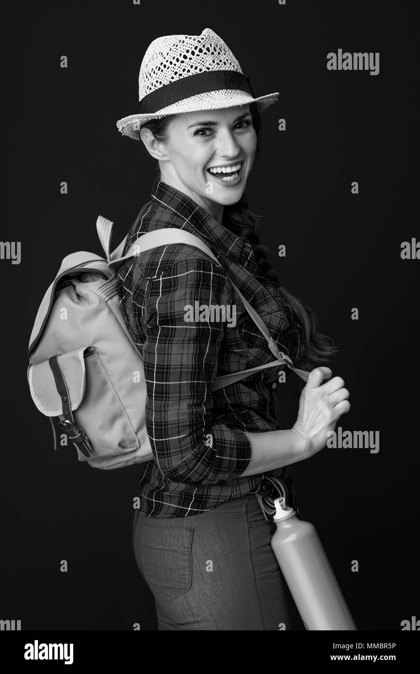 Happy woman tourist in hike Black and White Stock Photos & Images - Alamy