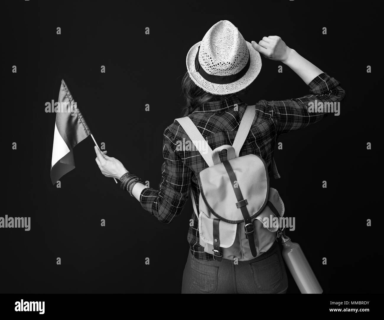 Back view hiker woman backpack Black and White Stock Photos & Images ...