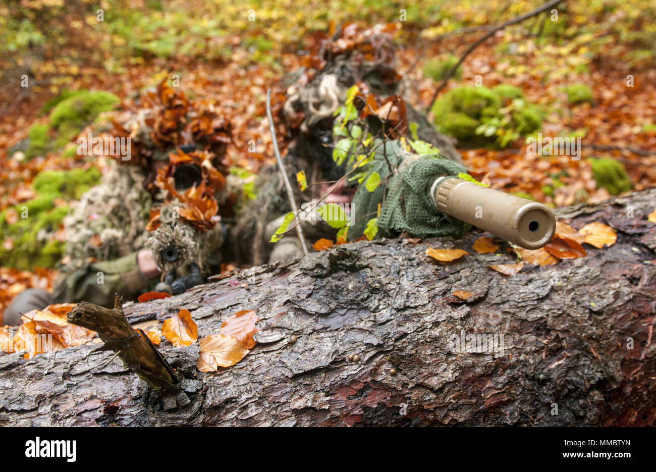 Soldiers use fallen logs to stabilize their weapon and increase accuracy during the Basic Sniper Course conducted by the International Special Training Centre at the Joint Multinational Readiness Center in Hohenfels, Germany, October 23, 2017. The ISTC is a multinational education and training facility which provides advanced and specialized training at the tactical level for Special Operations Forces and similar units from the Memorandum of Understanding, NATO and Partnership for Peace nations. (SOCEUR Stock Photo