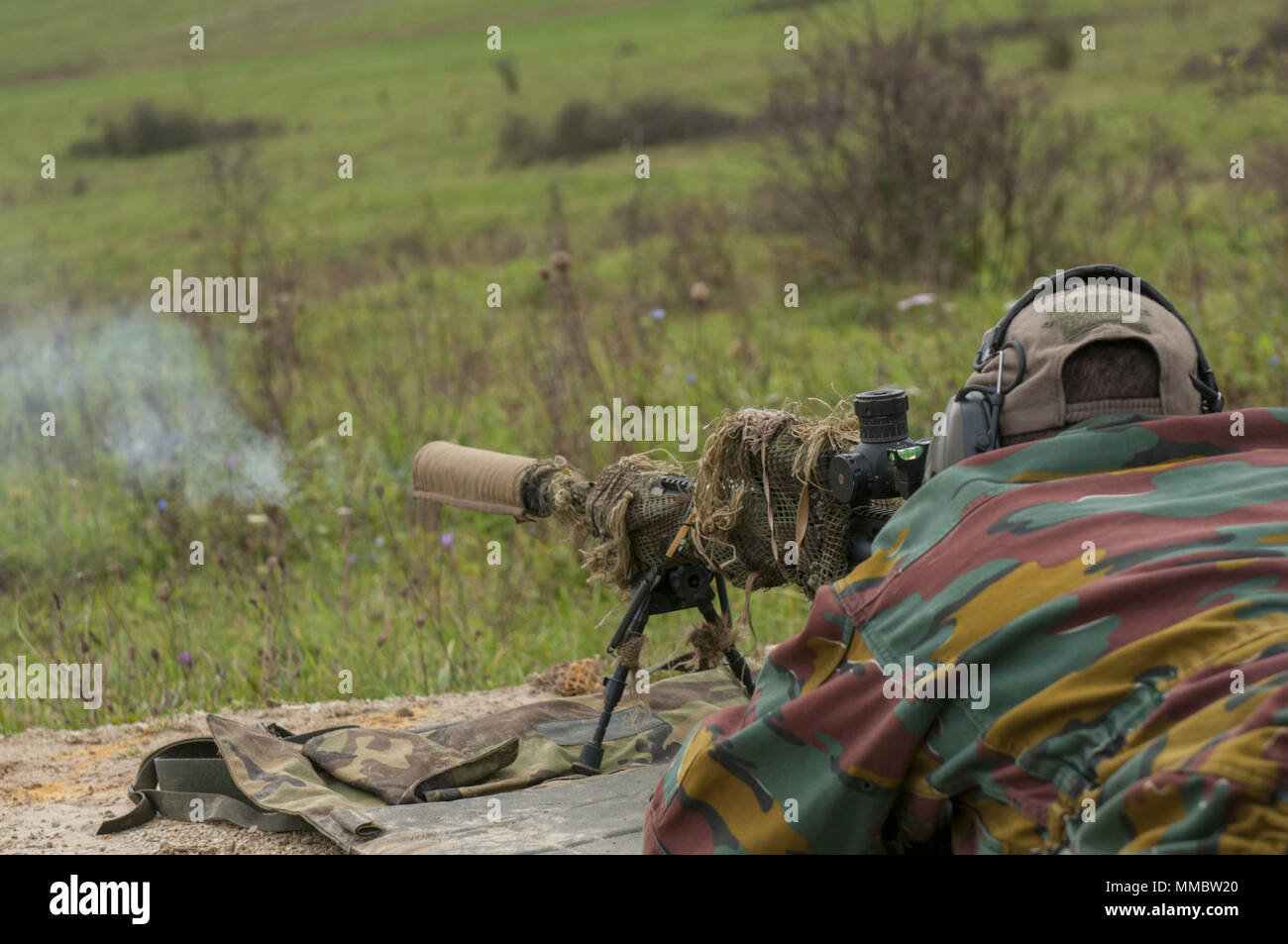 Students engage several timed targets at various ranges during the Basic Sniper Course, conducted by the International Special Training Centre at the Joint Multinational Readiness Center in Hohenfels, Germany, October 25, 2017. The ISTC is a multinational education and training facility which provides advanced and specialized training at the tactical level for Special Operations Forces and similar units from the Memorandum of Understanding, NATO and Partnership for Peace nations. (SOCEUR Stock Photo