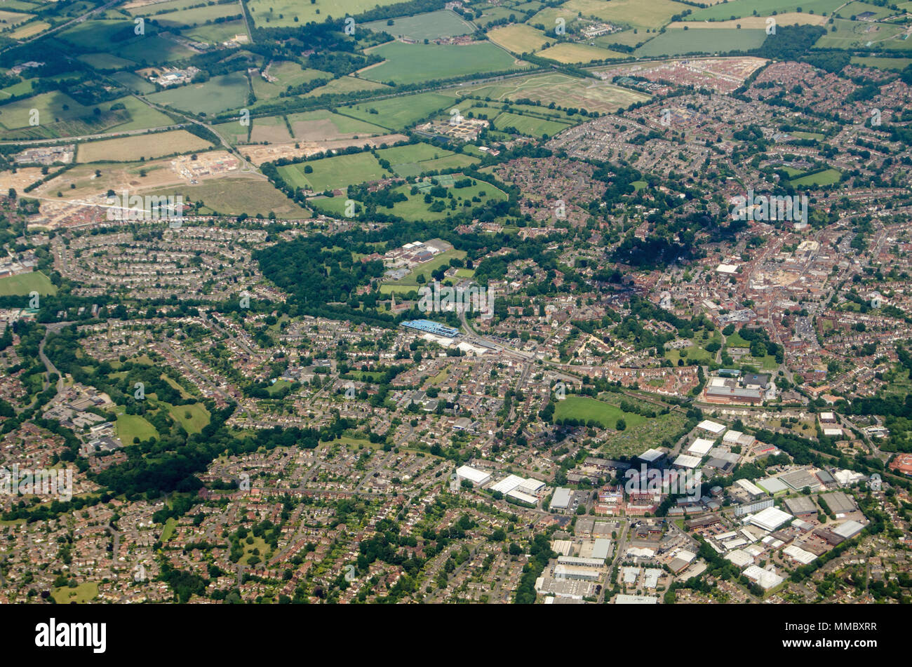 Aerial view of the Berkshire town of Wokingham, seen on a sunny summer