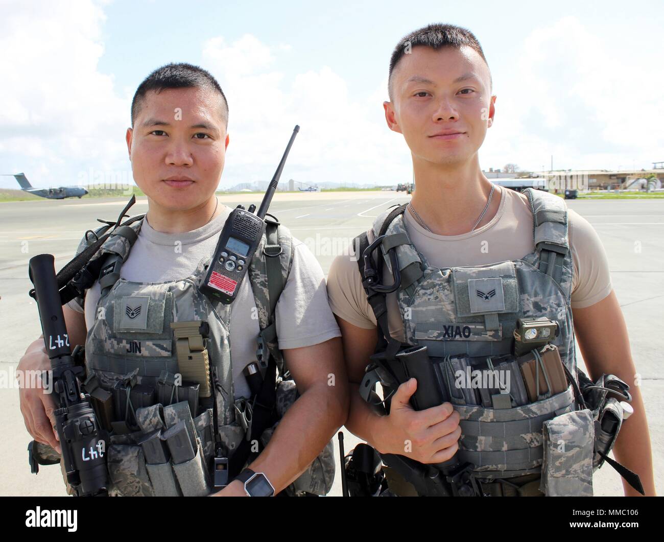 Post-Hurricane Maria, National Guard security forces members provide anti-terrorism protection and maintain order at Rohlsen International Airport on the island of St. Croix, alongside members of the Virgin Islands Port Authority. Guardsmen have also supported the Transportation Security Administration (TSA) as the number of commercial flights have increased. Stock Photo