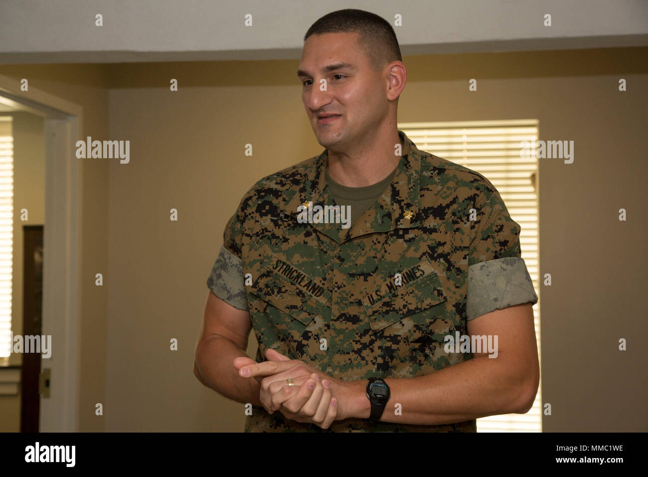 U.S. Marine Corps Maj. Binford R. Strickland gives his remarks following  his promotion ceremony on Camp Lejeune, N.C., Oct. 6, 2017. Strickland was  promoted from Captain to Major by Maj. Gen. John