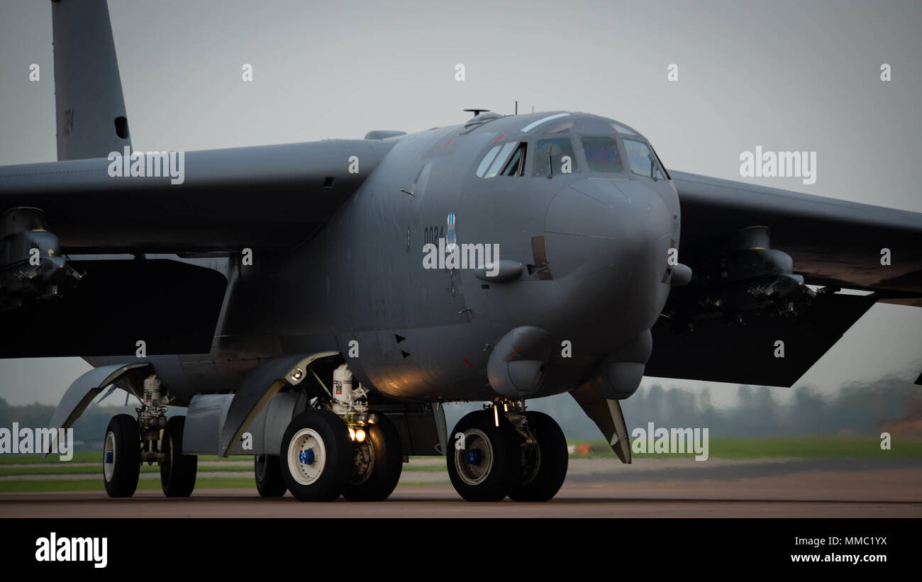 A B-52 Stratofortress taxis to a parking spot at RAF Fairford, United Kingdom, Sept. 26, 2017. The deployment of strategic bombers to the United Kingdom helps exercise RAF Fairford as U.S. Air Forces in Europe’s forward operating location for bombers. The deployment will also include joint and allied training to improve bomber interoperability. Training with joint partners, allied nations and other U.S. Air Force units contributes to our ready and postured forces and enables us to build enduring and strategic relationships necessary to confront a broad range of global challenges. (U.S. Air For Stock Photo
