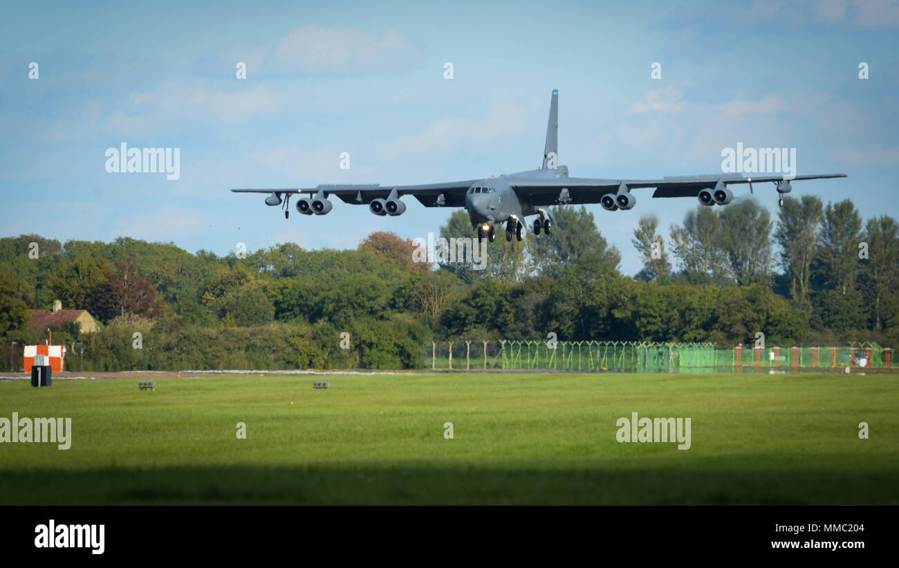 A B-52 Stratofortress lands at Fairford Royal Air Force Base, U.K. after a mission Sept. 19, 2017. U.S. Strategic Command bomber forces regularly conduct combined theater security cooperation engagements with allies and partners, demonstrating the U.S. capability to command, control and conduct bomber missions across the globe. Bomber missions demonstrate the credibility and flexibility of the military's forces to address today's complex, dynamic and volatile global security environment. (U.S. Air Force Photo/Staff Sgt. Benjamin Raughton) Stock Photo