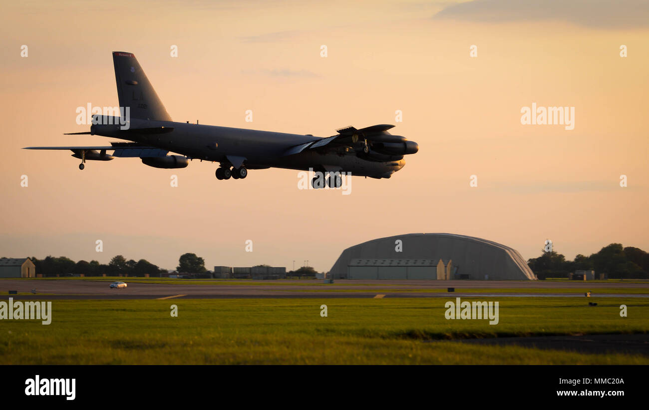 A B-52 Stratofortress lands at Fairford Royal Air Force Base, U.K. after a mission Sept. 19, 2017. U.S. Strategic Command bomber forces regularly conduct combined theater security cooperation engagements with allies and partners, demonstrating the U.S. capability to command, control and conduct bomber missions across the globe. Bomber missions demonstrate the credibility and flexibility of the military's forces to address today's complex, dynamic and volatile global security environment. (U.S. Air Force Photo/Staff Sgt. Benjamin Raughton) Stock Photo
