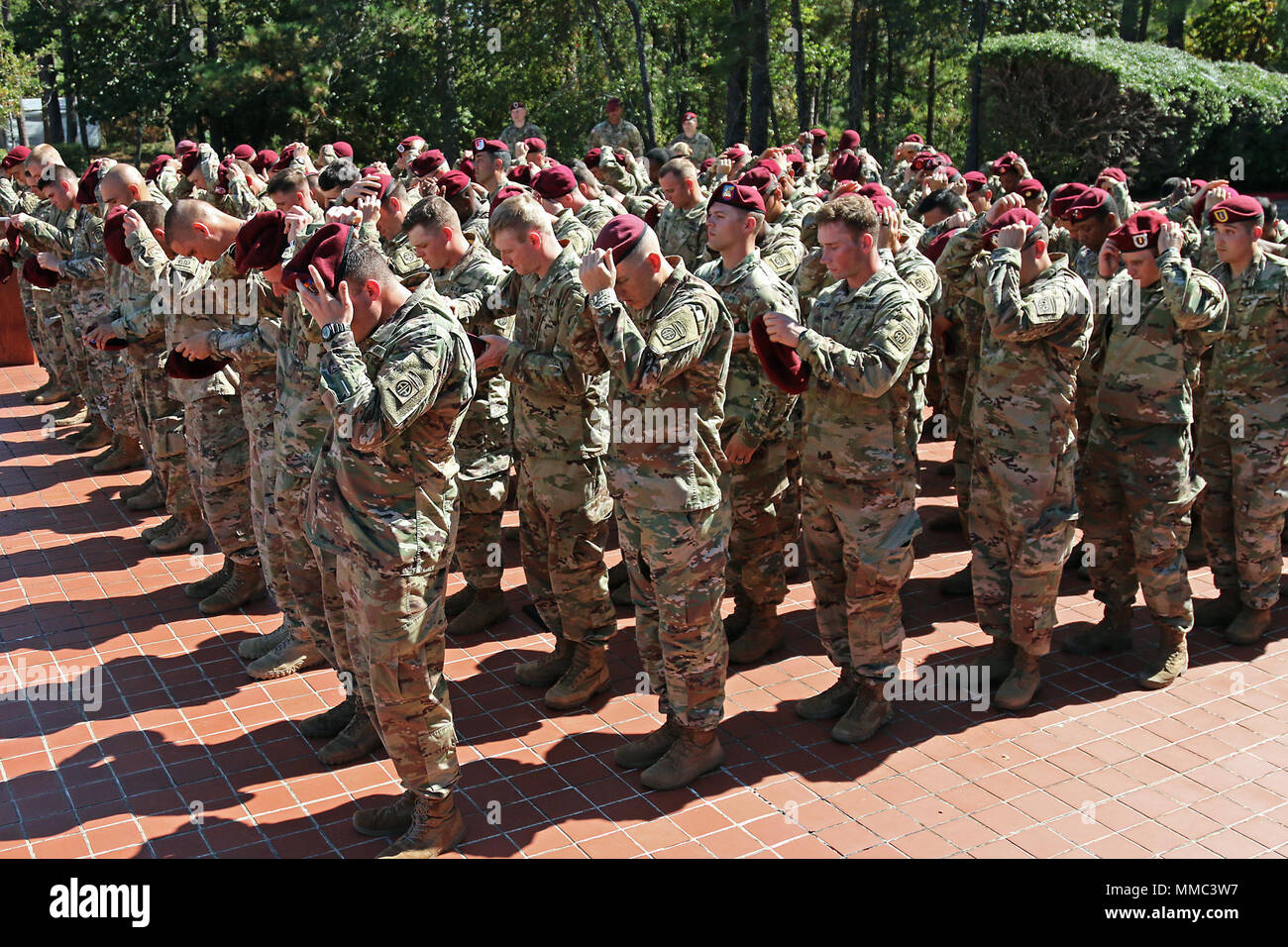 New 82nd Airborne Division Paratroopers don maroon berets during the  Airborne Integration Course Beret Donning Ceremony, Oct. 5, 2017, at Fort  Bragg, N.C. The ceremony symbolizes integrating new Paratroopers to the  Division