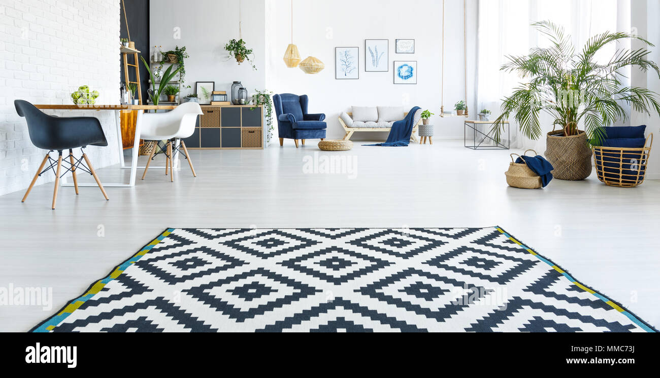 Modern, white apartment with brick wall, carpet and decorative plant