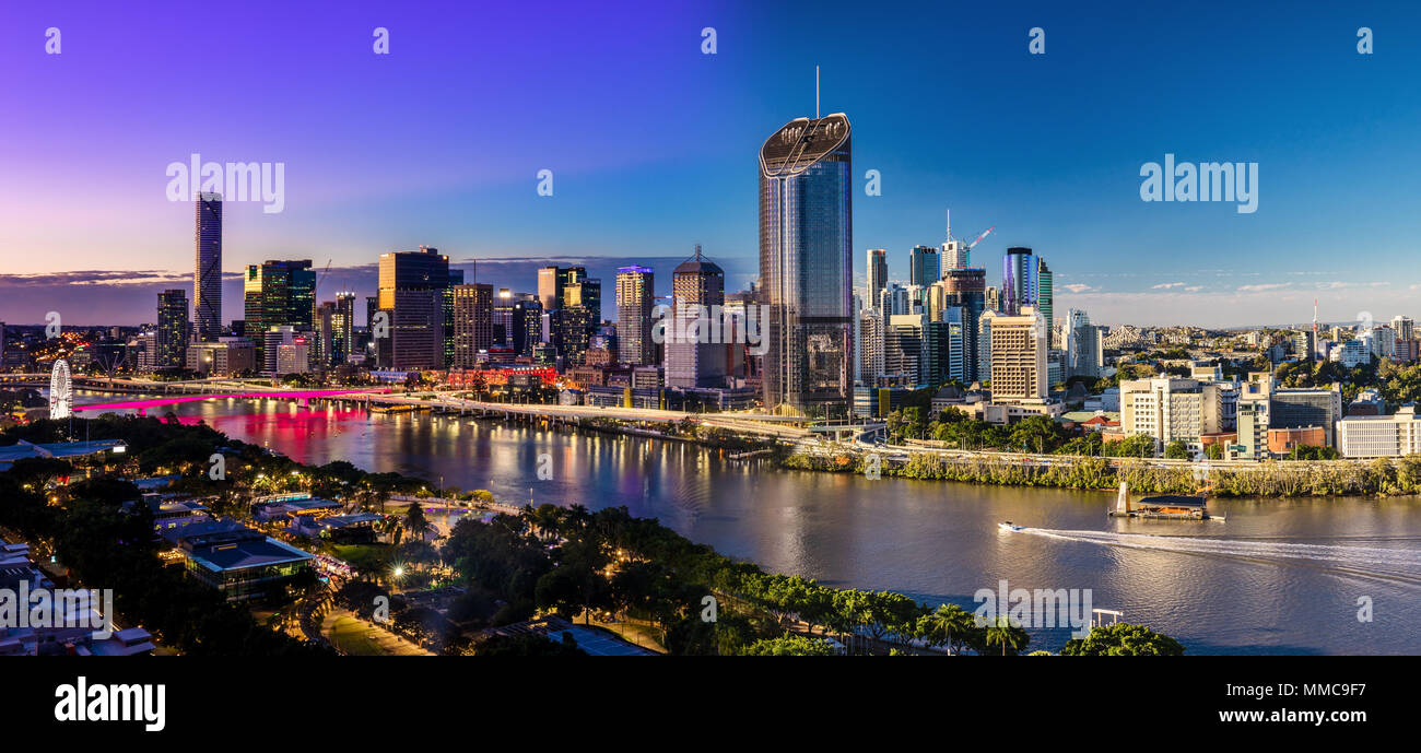 Panoramic day and night areal image of Brisbane CBD and South Bank