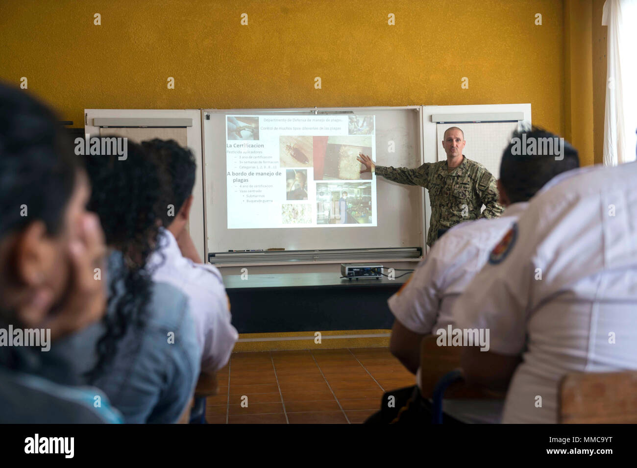 171011-N-YM856-0009 PUERTO BARRIOS, Guatemala (Oct. 11, 2017) Lt. Cmdr. Ian Sutherland, technical director for the Navy Entomology Center of Excellence, gives a lecture on pest control to Guatemalan first responders during Southern Partnership Station 17 (SPS 17). SPS 17 is a U.S. Navy deployment executed by U.S. Naval Forces Southern Command/U.S. 4th Fleet, focused on subject matter expert exchanges with partner nation militaries and security forces in Central and South America. (U.S. Navy Combat Camera photo by Mass Communication Specialist 2nd Class Brittney Cannady/Released) Stock Photo