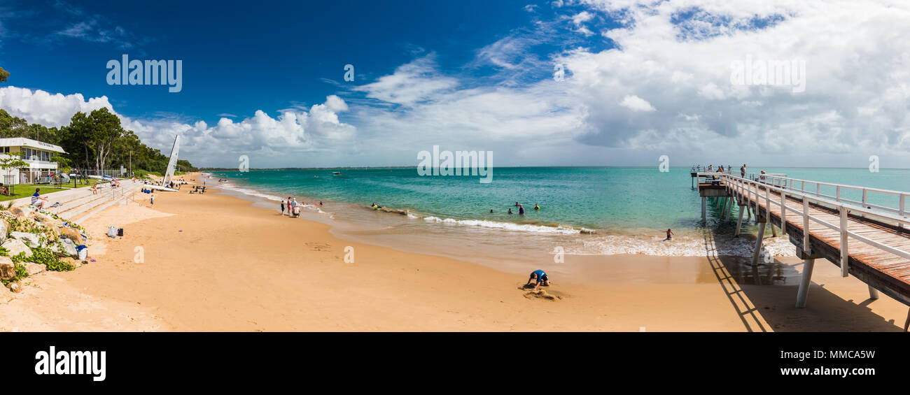 HERVEY BAY, AUS APRIL 1 2018 People enjoying nice summer day on a beach in Hervey Bey HERVEY BAY, AUS APRIL 1 2018 People enjoying nice summer day on a beach in Hervey Bey